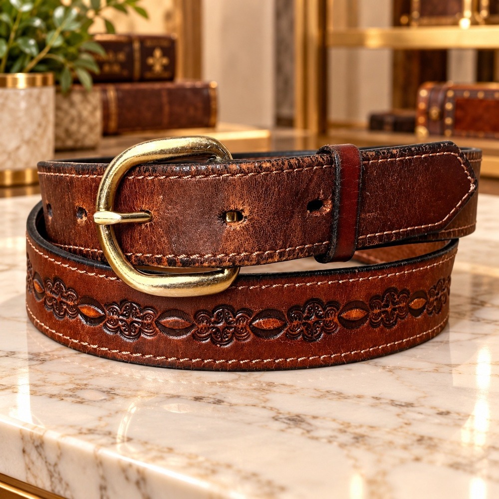Vintage Brown Tooled Bridle Leather Belt Size 36 Handmade Colorado Leather Goods